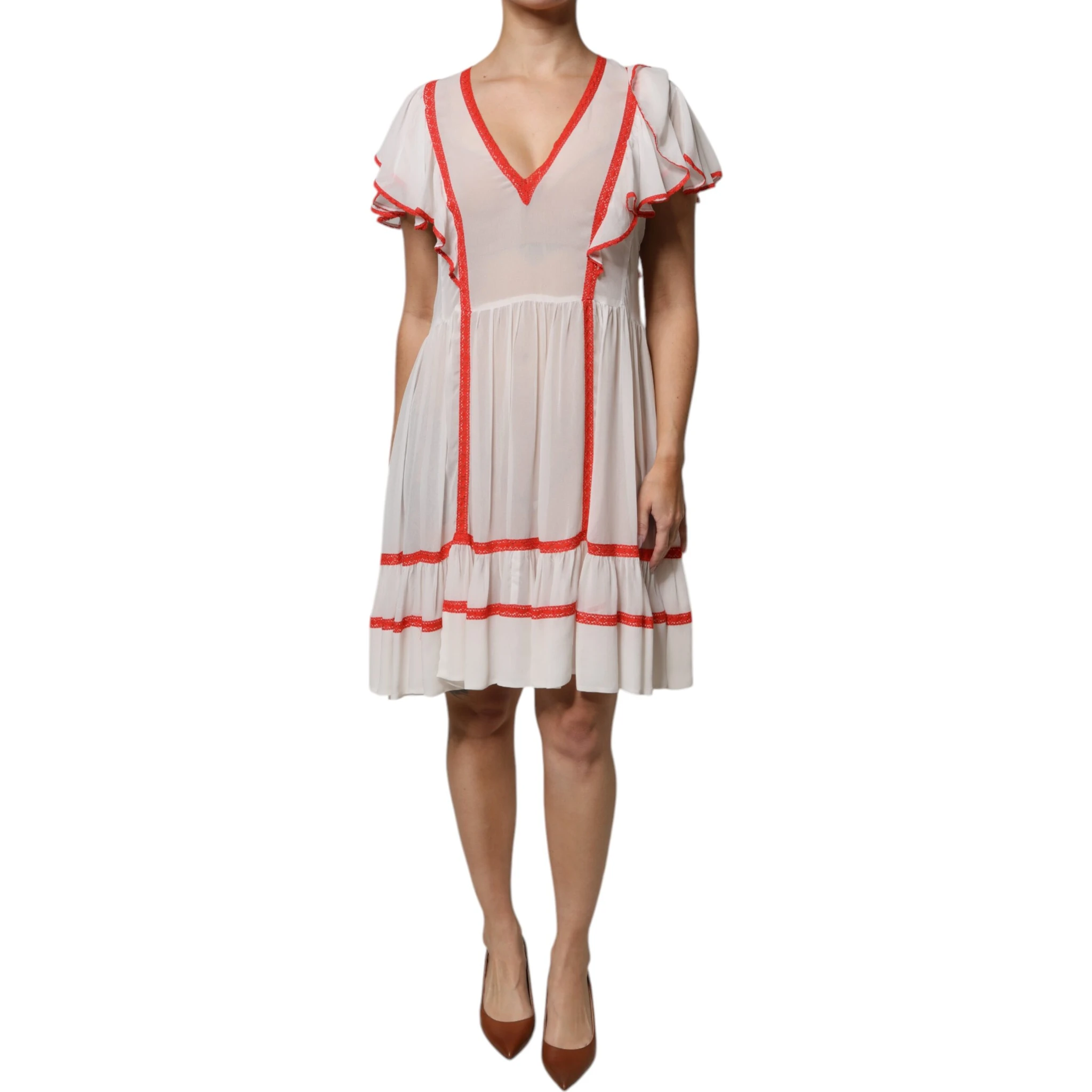 White Viscose Ruffle Sleeves A-line Pleated Mini Dress