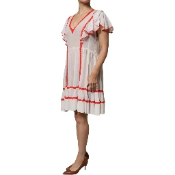 White Viscose Ruffle Sleeves A-line Pleated Mini Dress