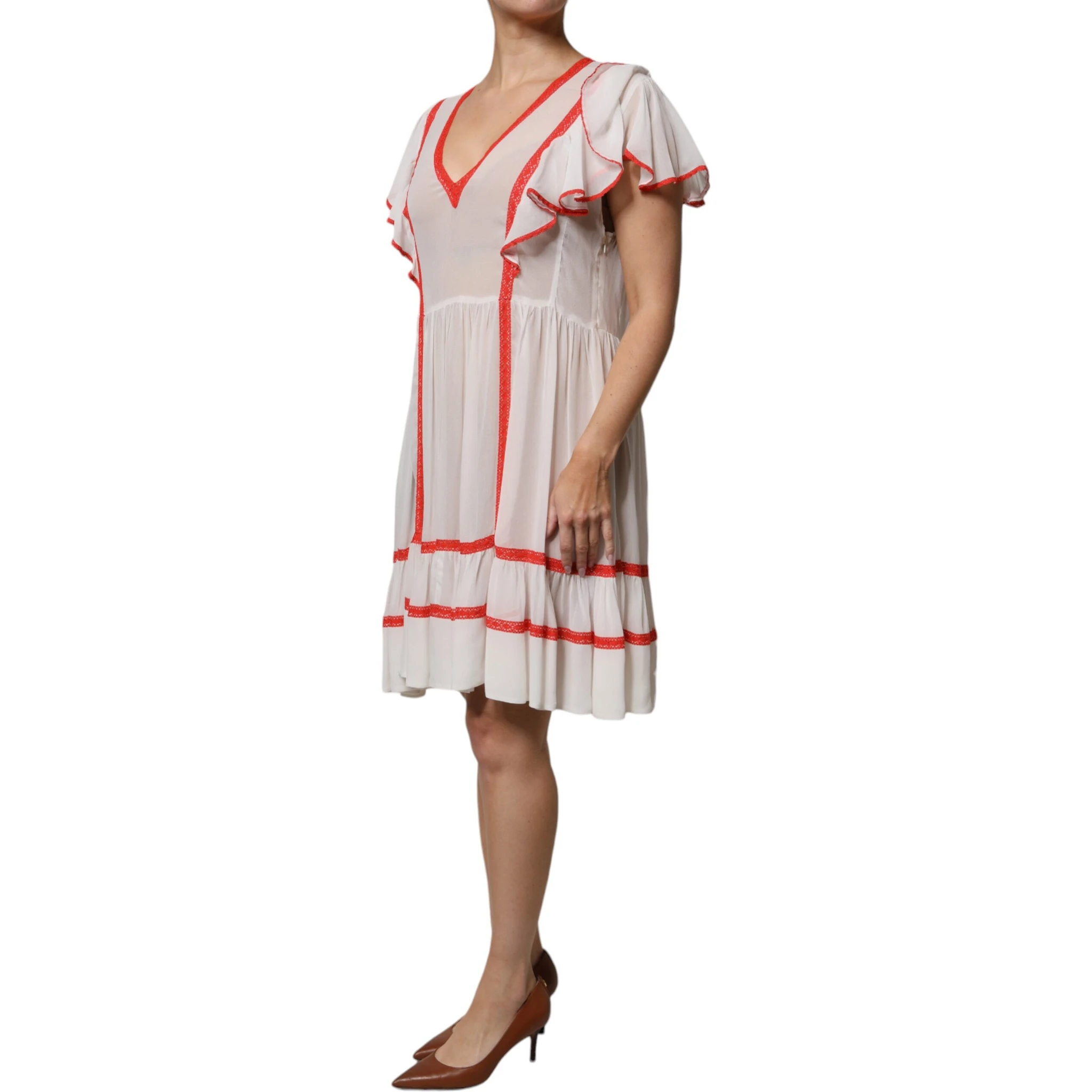 White Viscose Ruffle Sleeves A-line Pleated Mini Dress