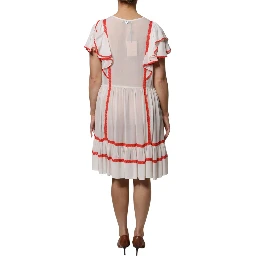 White Viscose Ruffle Sleeves A-line Pleated Mini Dress