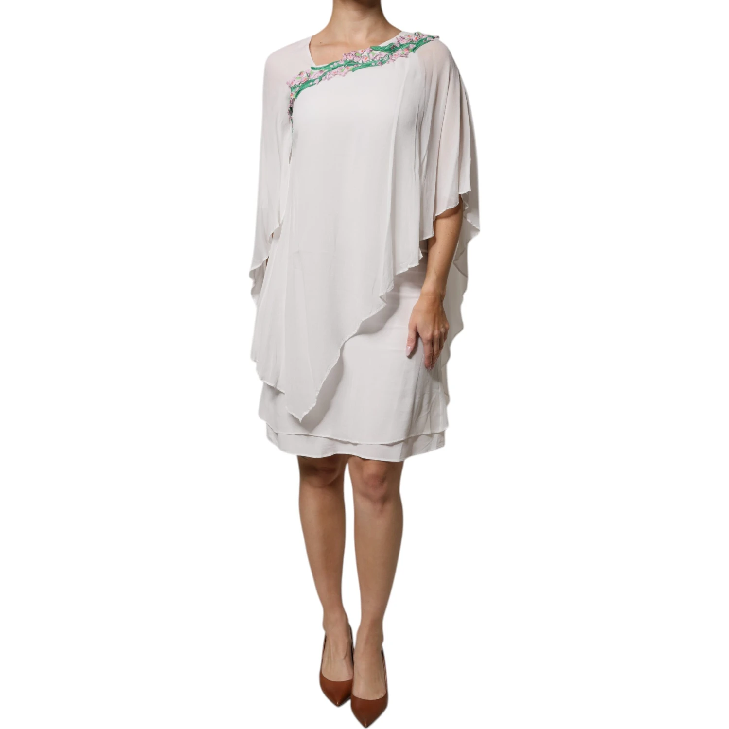 White Floral Embroidery Viscose Chiffon Shift Dress