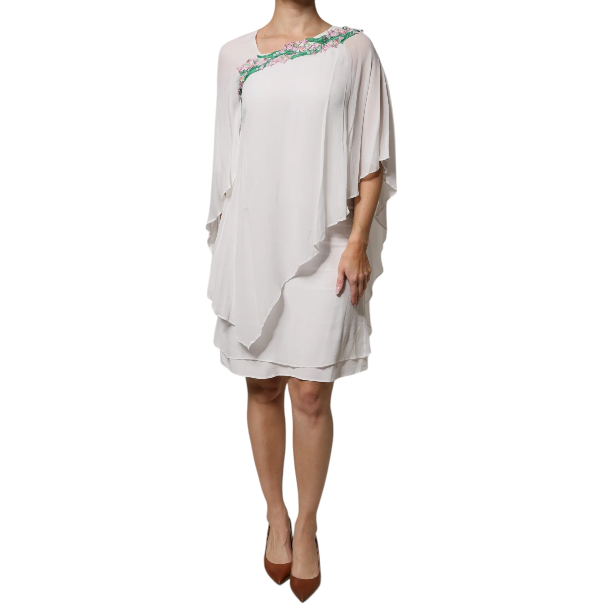 White Floral Embroidery Viscose Chiffon Shift Dress