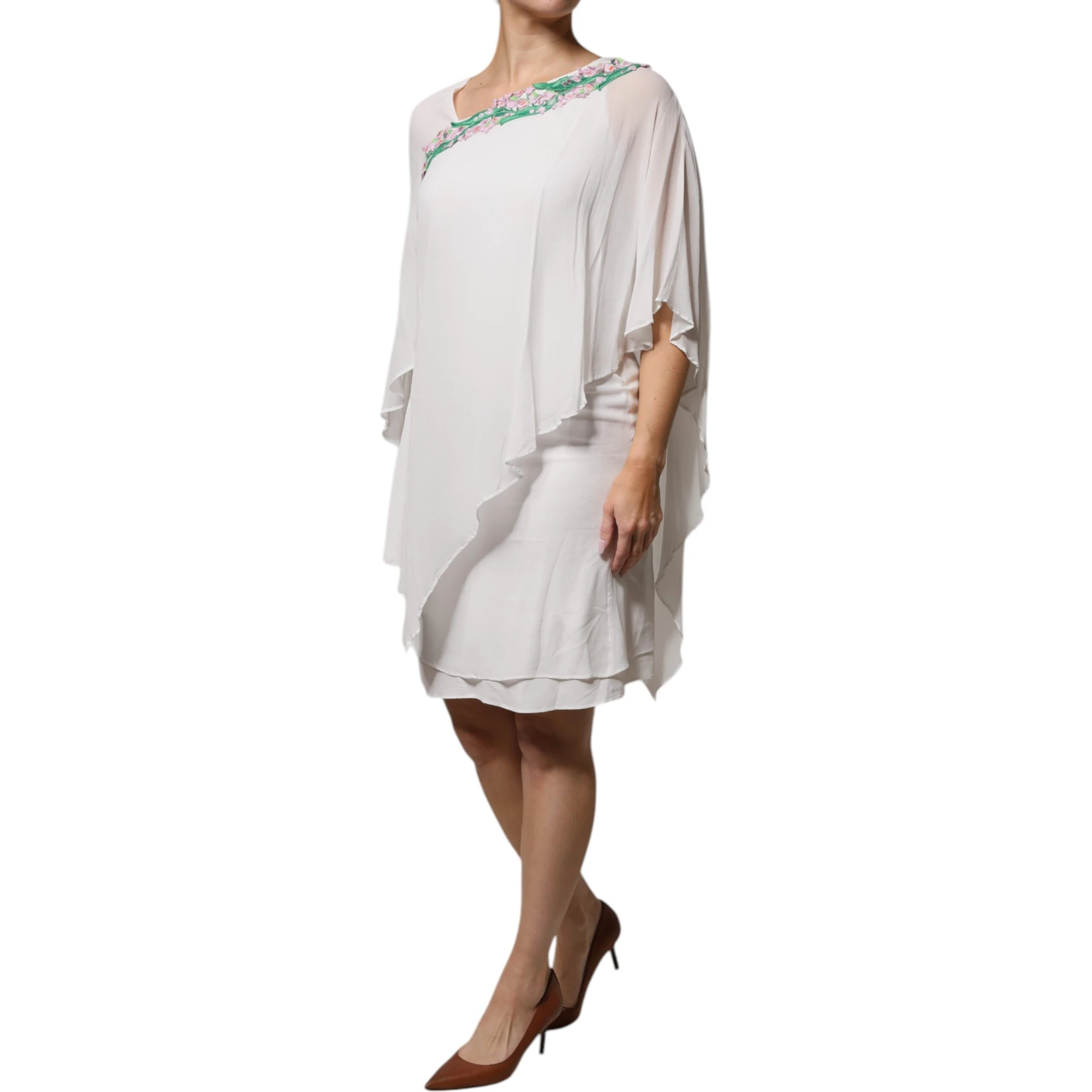 White Floral Embroidery Viscose Chiffon Shift Dress