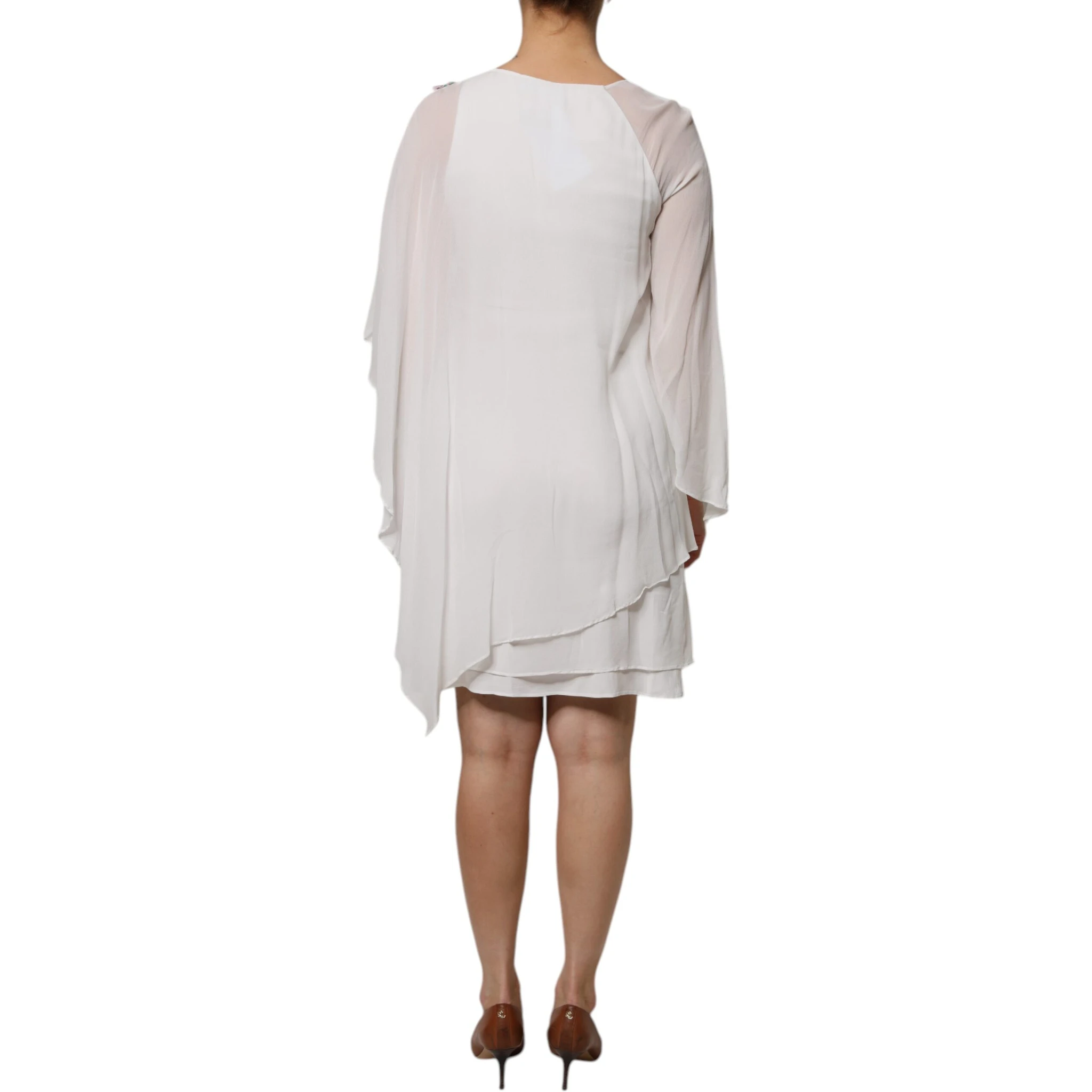 White Floral Embroidery Viscose Chiffon Shift Dress