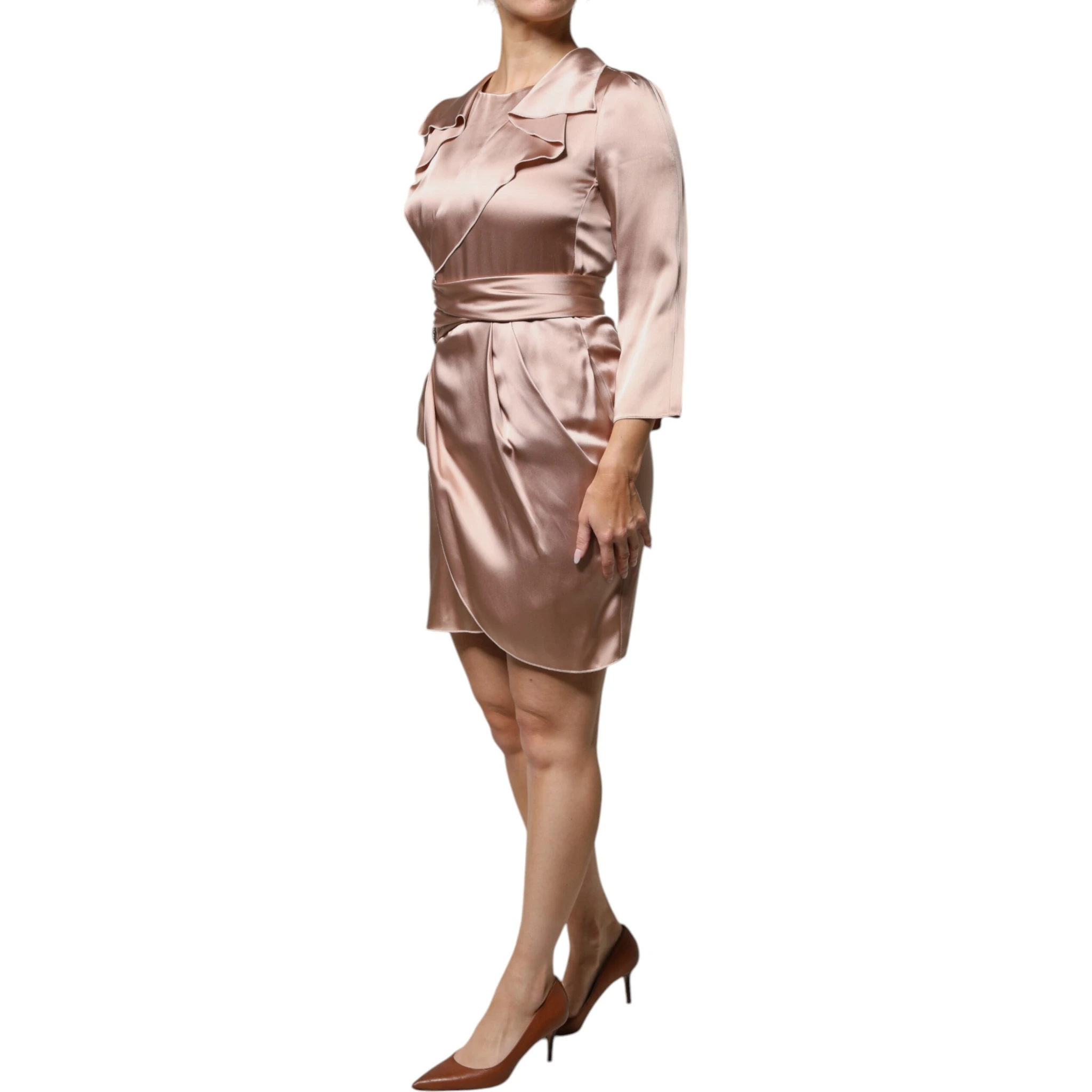 Pink Satin Long Sleeves Sheath Wrap Mini Dress