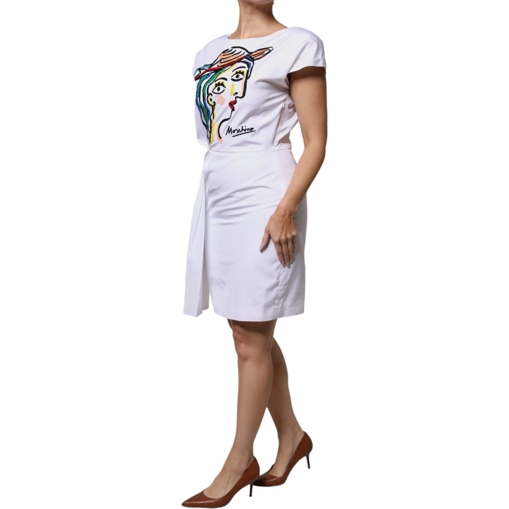 White Printed Viscose Sheath Mini Dress