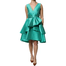 Green Satin Polyester Sleeveless V-neck Layered Dress