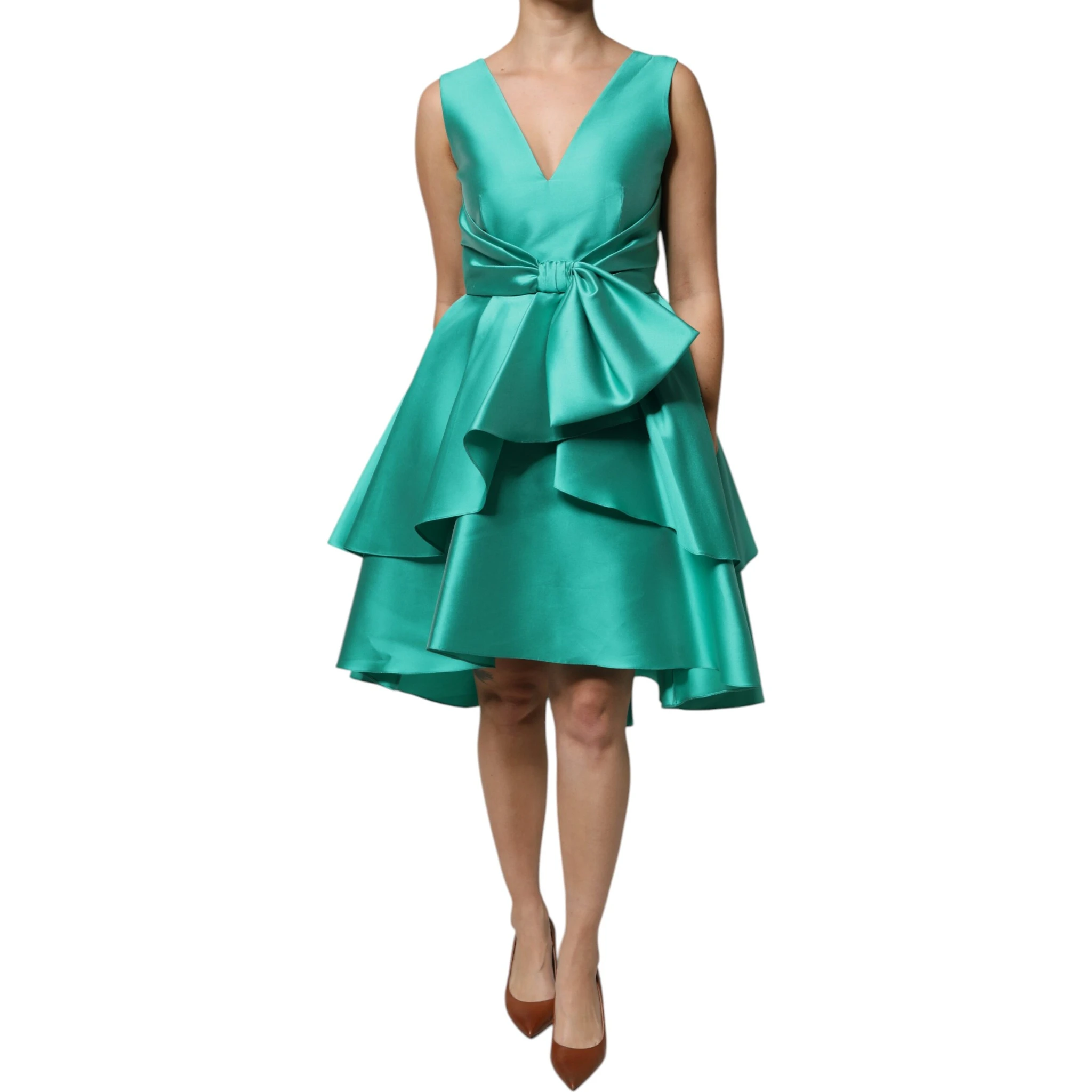 Green Satin Polyester Sleeveless V-neck Layered Dress