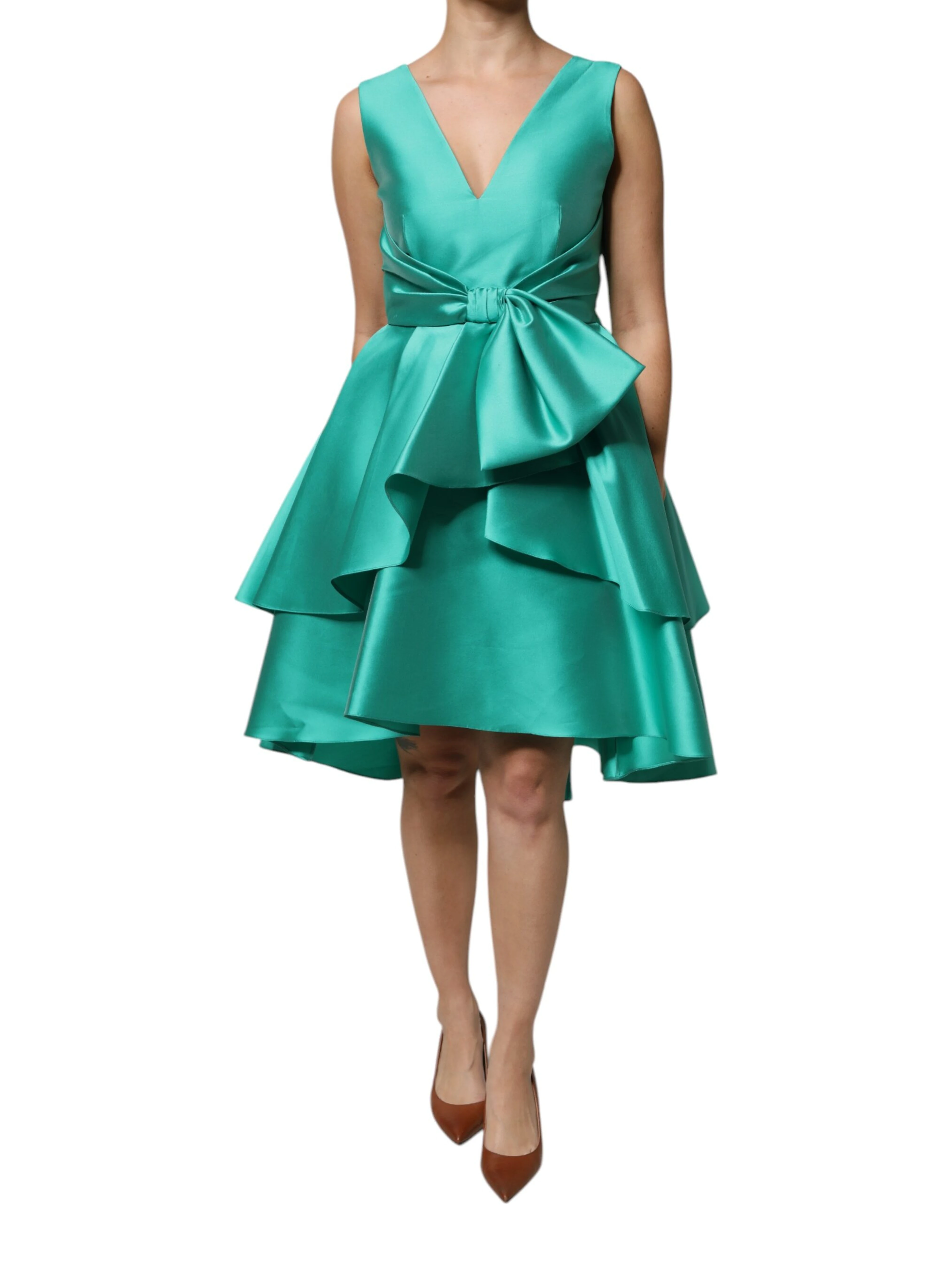 Green Satin Polyester Sleeveless V-neck Layered Dress