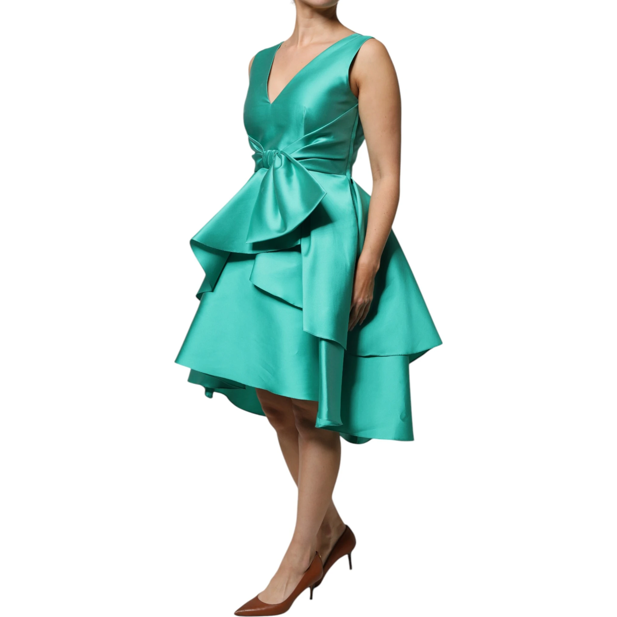 Green Satin Polyester Sleeveless V-neck Layered Dress