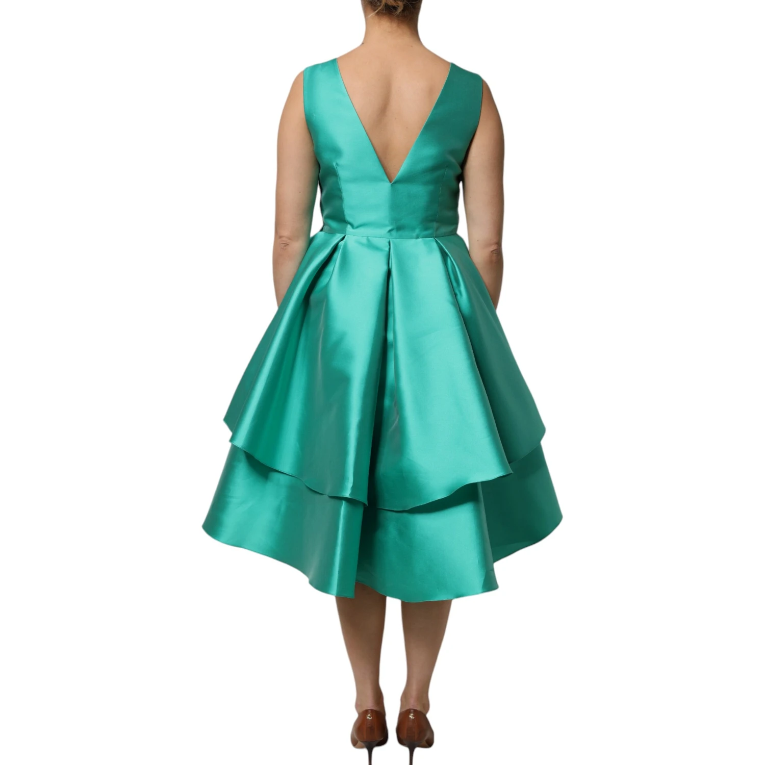Green Satin Polyester Sleeveless V-neck Layered Dress