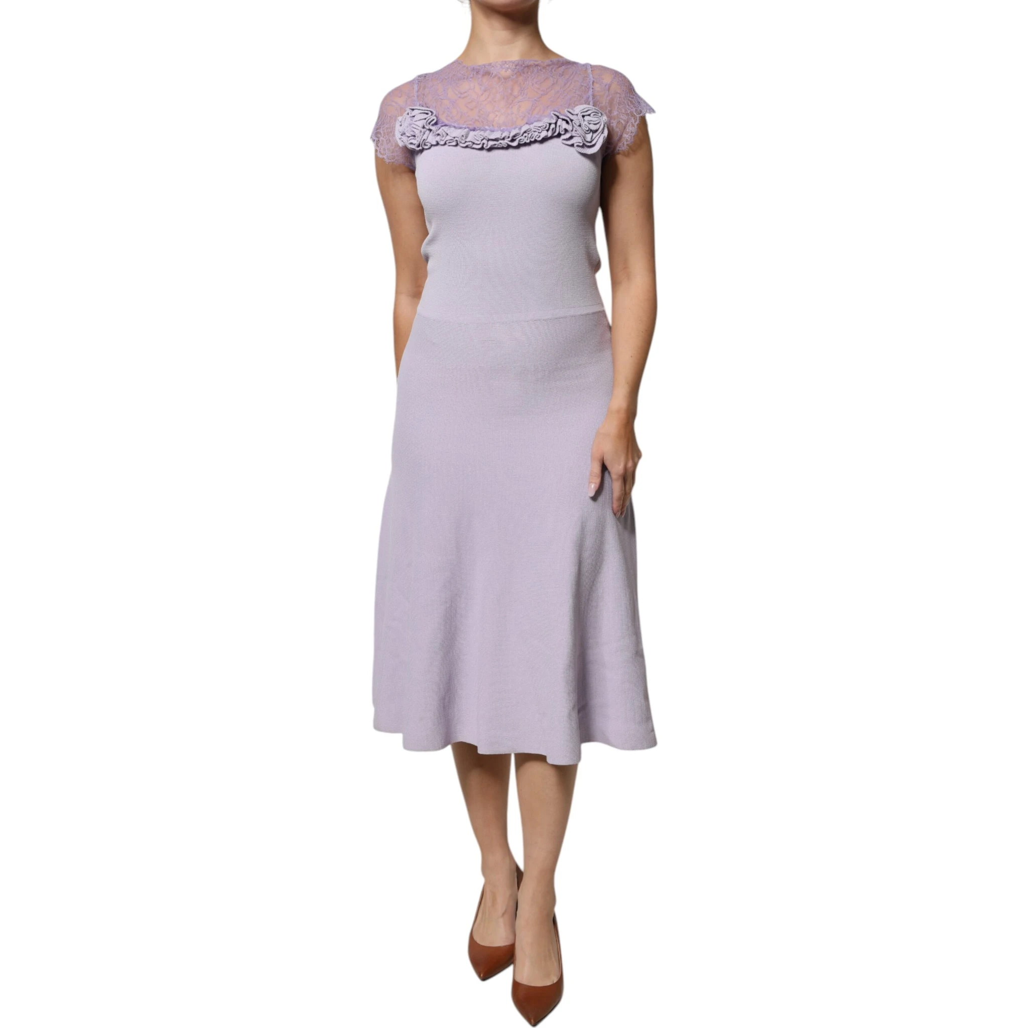 Purple Short Sleeves Floral Lace Trim A-line Midi Dress