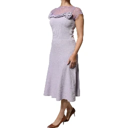 Purple Short Sleeves Floral Lace Trim A-line Midi Dress