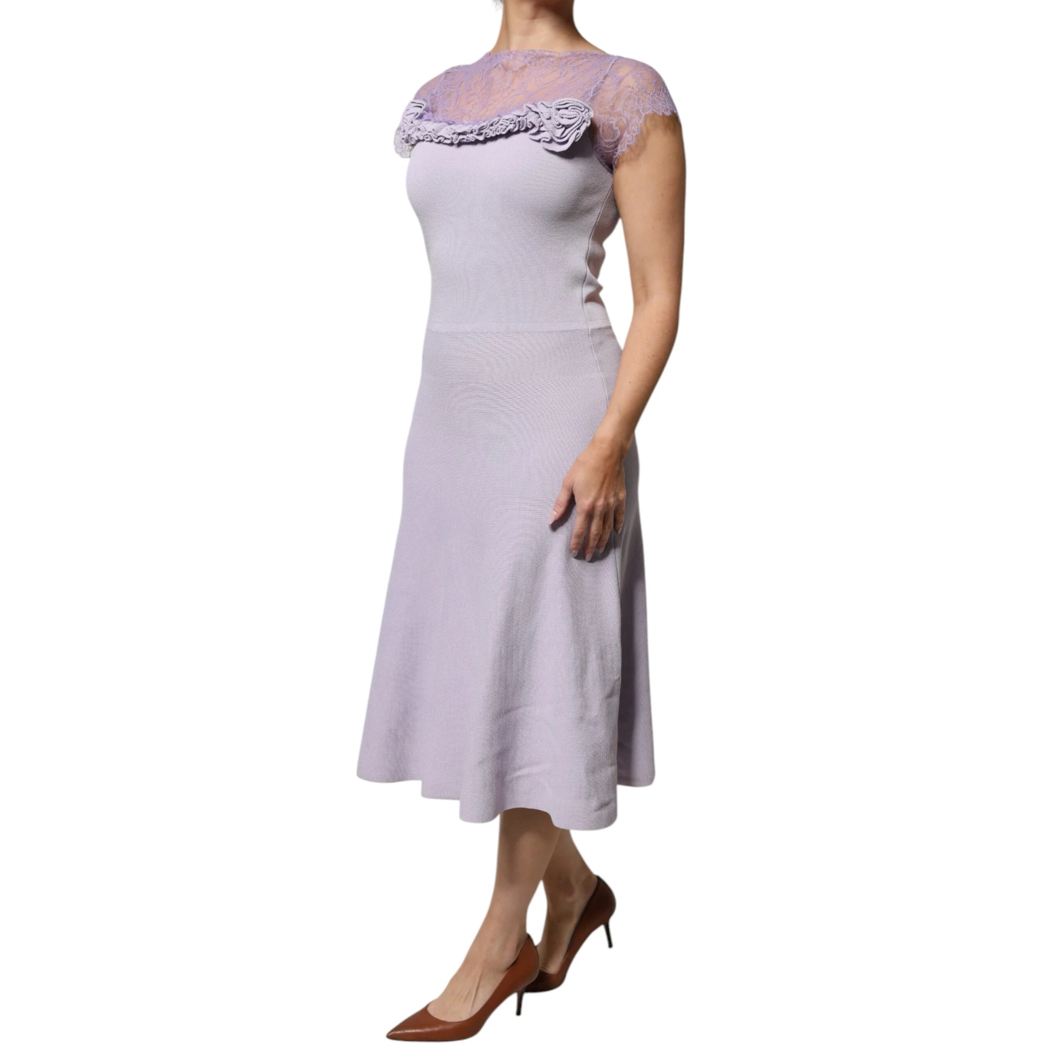 Purple Short Sleeves Floral Lace Trim A-line Midi Dress