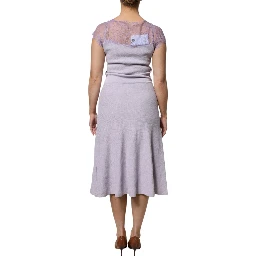 Purple Short Sleeves Floral Lace Trim A-line Midi Dress