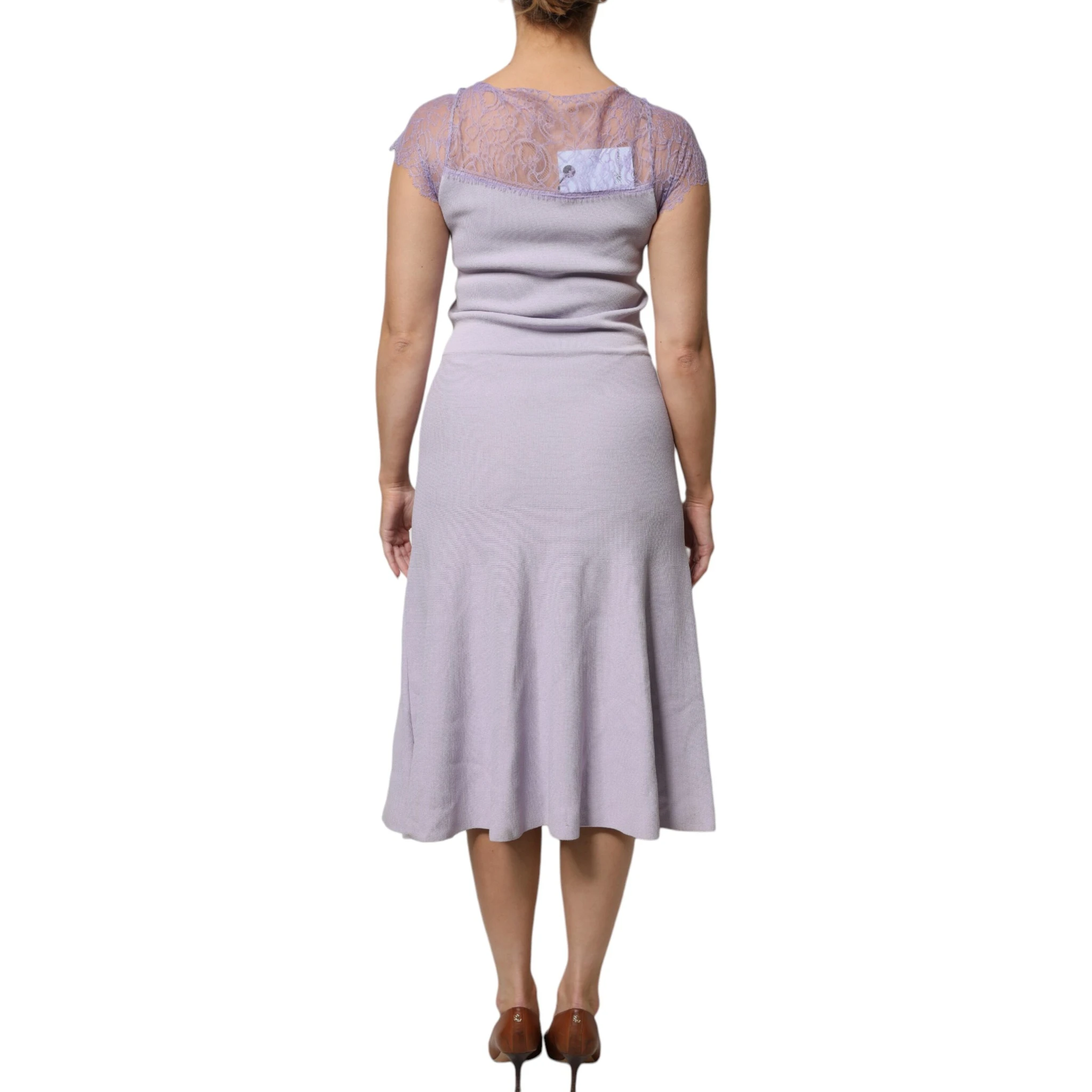 Purple Short Sleeves Floral Lace Trim A-line Midi Dress