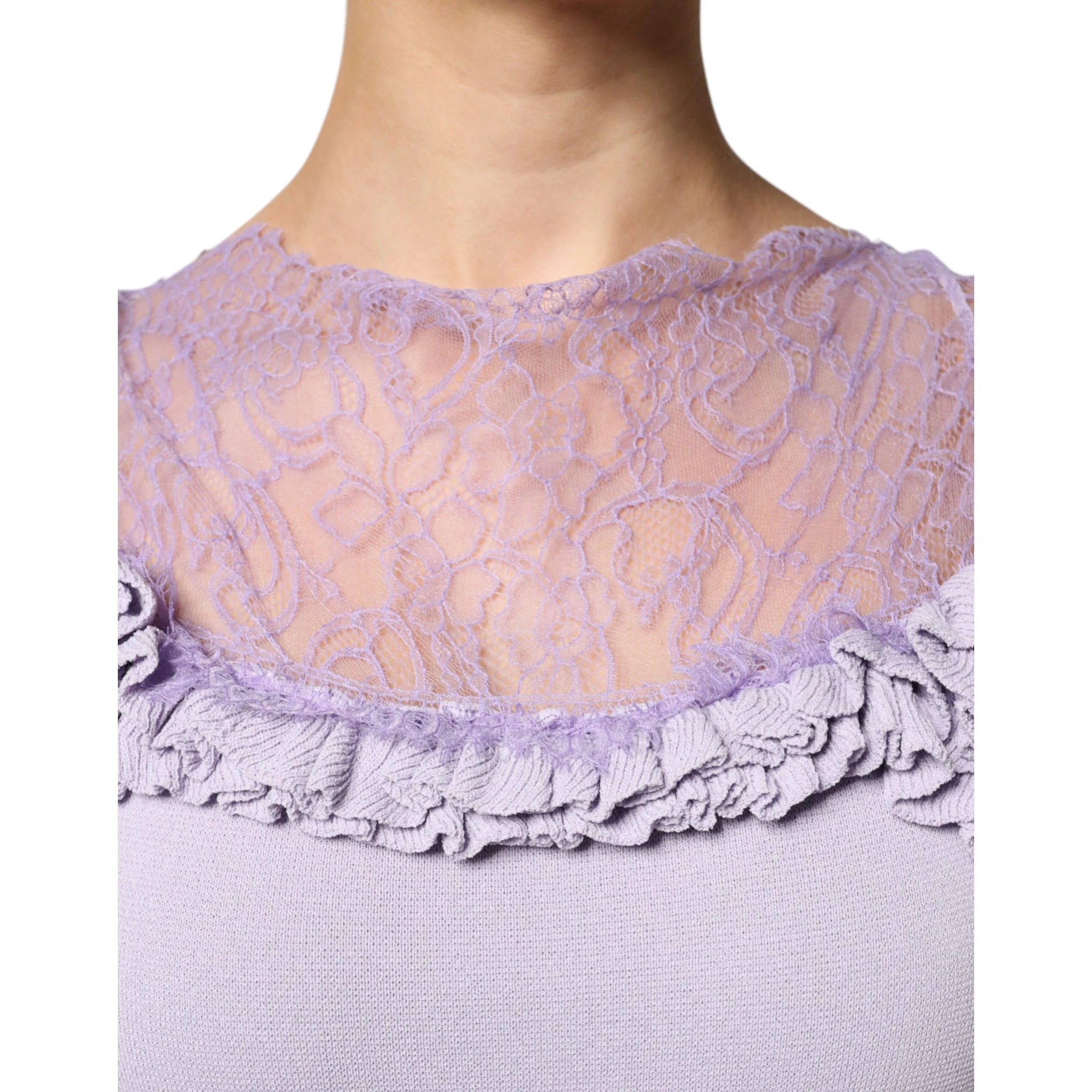 Purple Short Sleeves Floral Lace Trim A-line Midi Dress