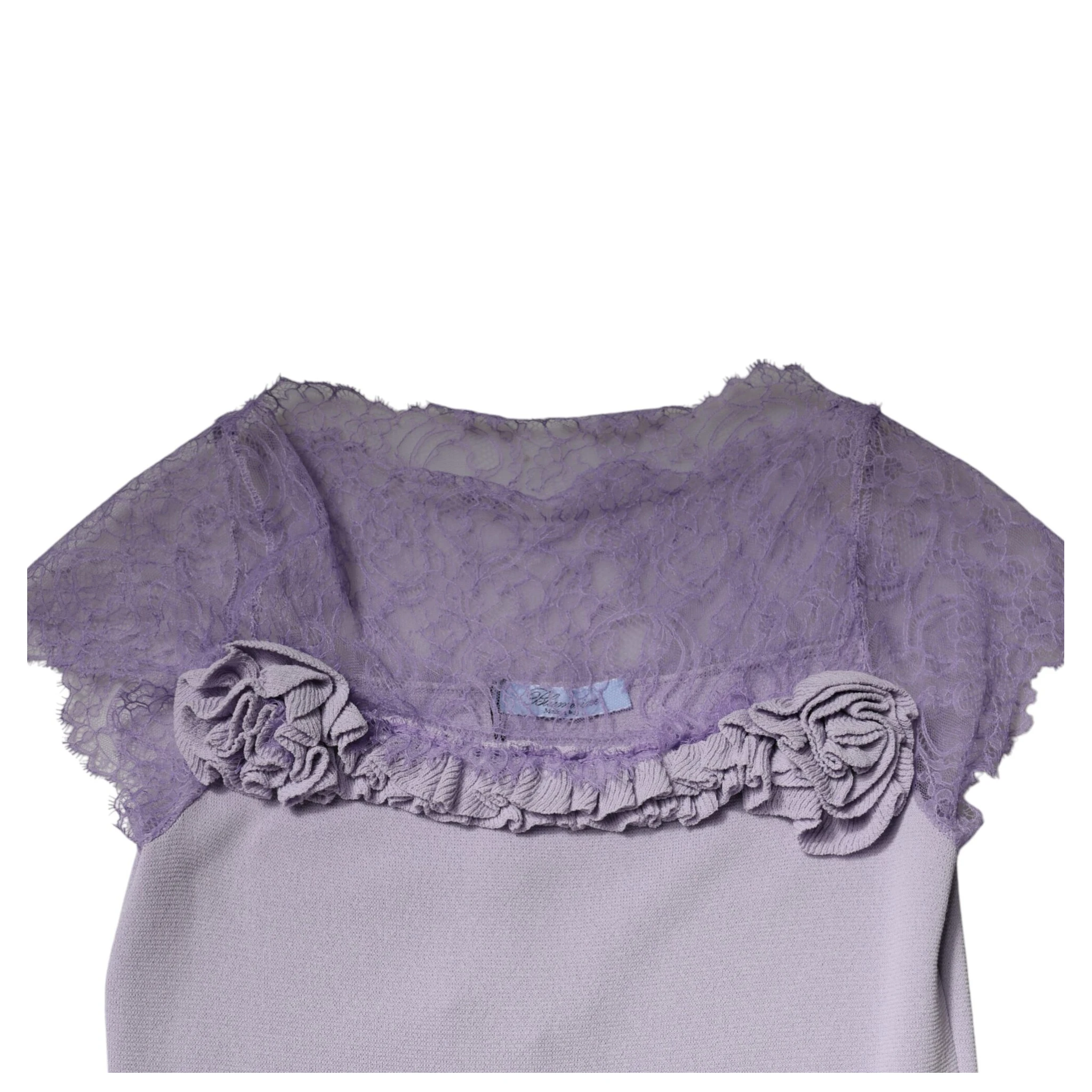 Purple Short Sleeves Floral Lace Trim A-line Midi Dress