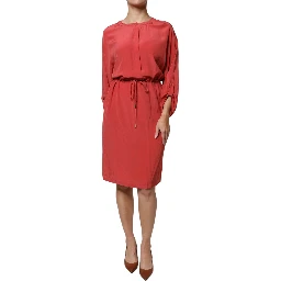 Red Long Sleeves Pencil Cut Drawstring Waist Dress