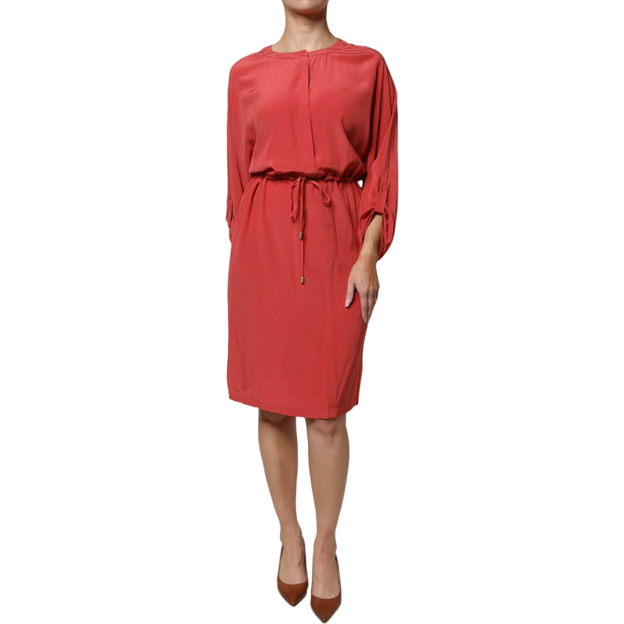 Red Long Sleeves Pencil Cut Drawstring Waist Dress