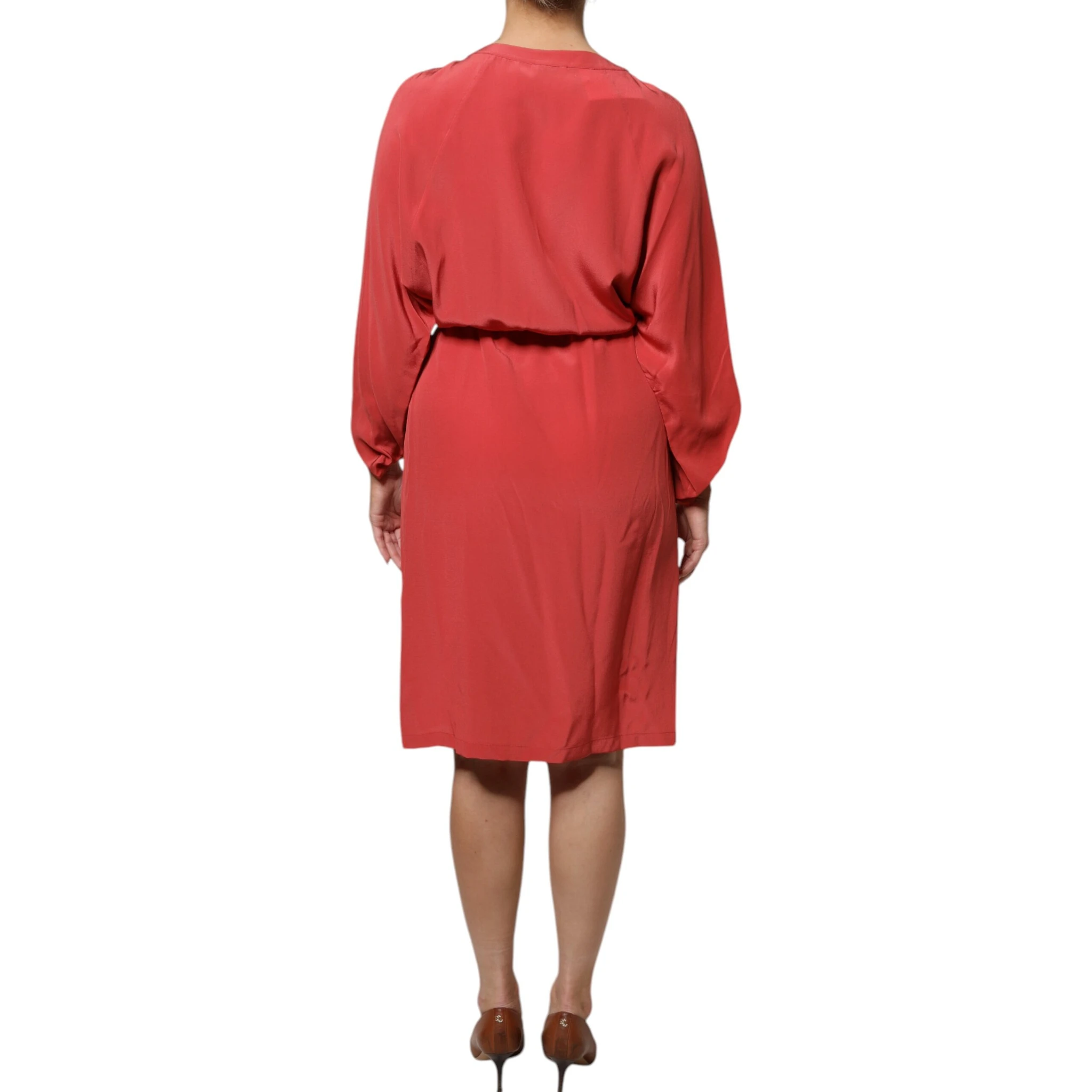Red Long Sleeves Pencil Cut Drawstring Waist Dress