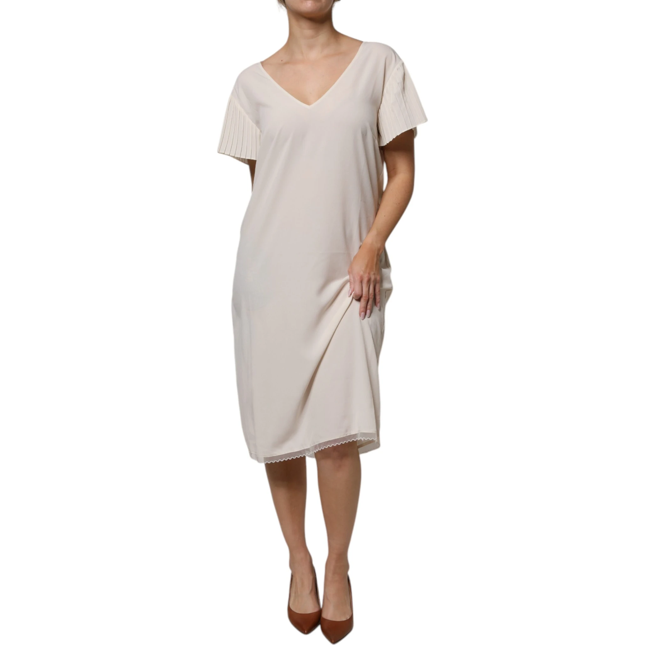 Off White Short Sleeves V-neck Shift Midi Dress