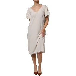 Off White Short Sleeves V-neck Shift Midi Dress