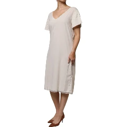 Off White Short Sleeves V-neck Shift Midi Dress