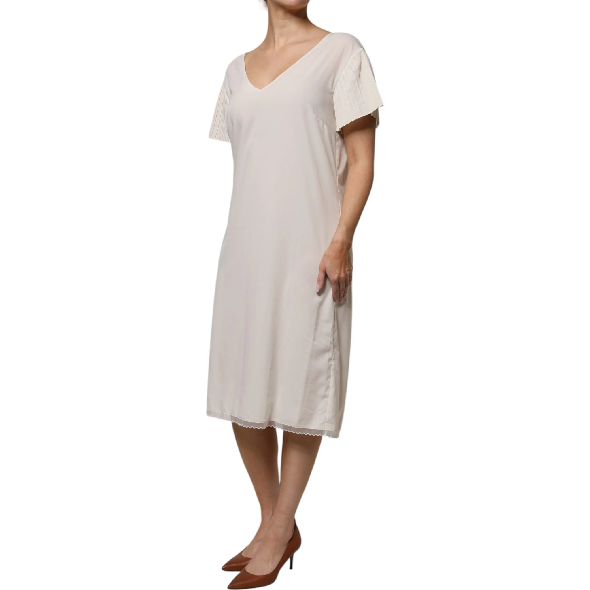 Off White Short Sleeves V-neck Shift Midi Dress