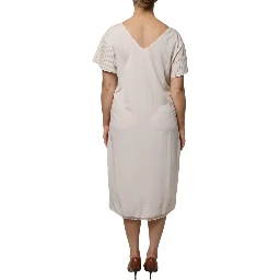 Off White Short Sleeves V-neck Shift Midi Dress