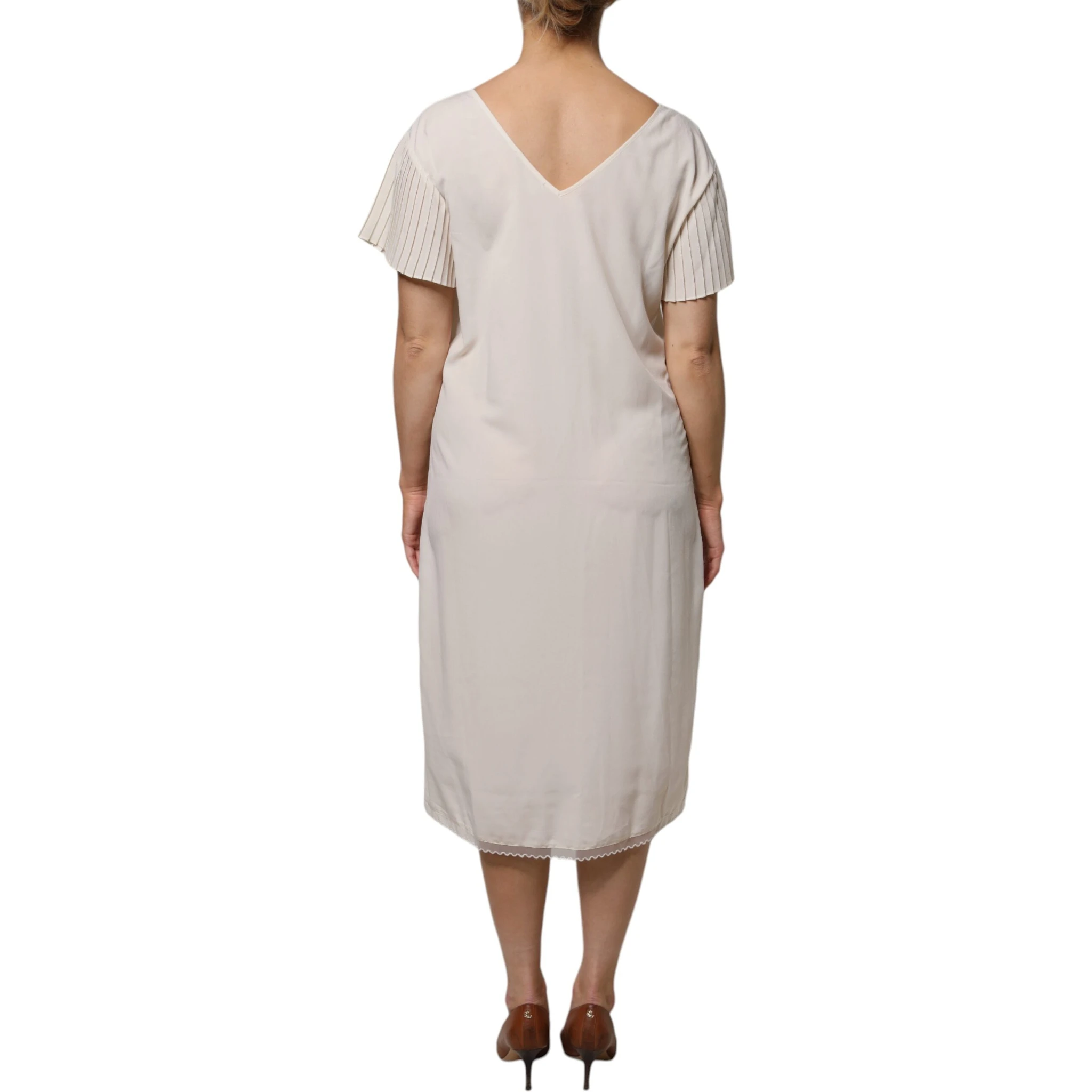 Off White Short Sleeves V-neck Shift Midi Dress