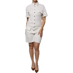White Cotton Short Sleeves Button Down Romper Dress
