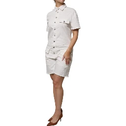 White Cotton Short Sleeves Button Down Romper Dress