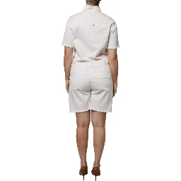 White Cotton Short Sleeves Button Down Romper Dress