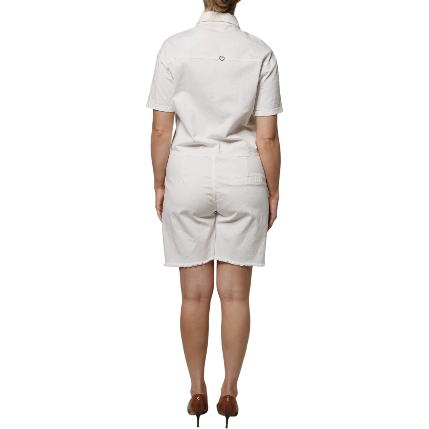 White Cotton Short Sleeves Button Down Romper Dress