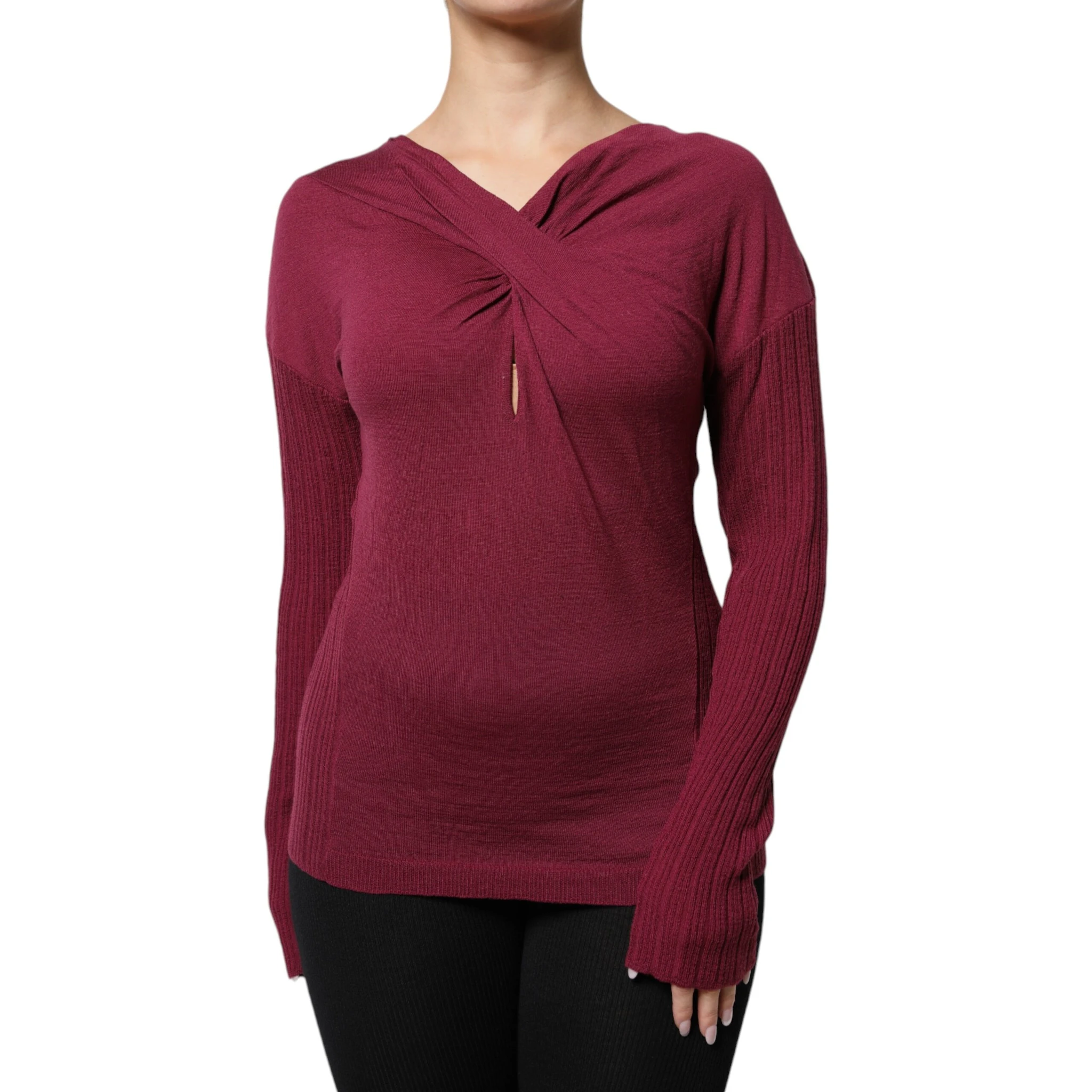 Maroon Jumper Keyhole Knit Pullover Sweater