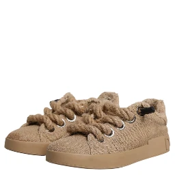 Brown Jute Fabric Low Top Men Sneakers Shoes