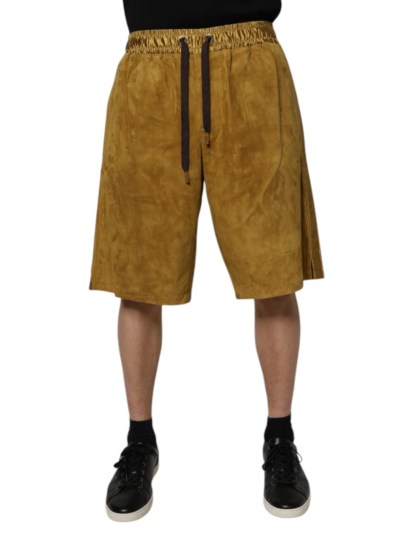 Brown Lambskin Suede Men Bermuda Shorts