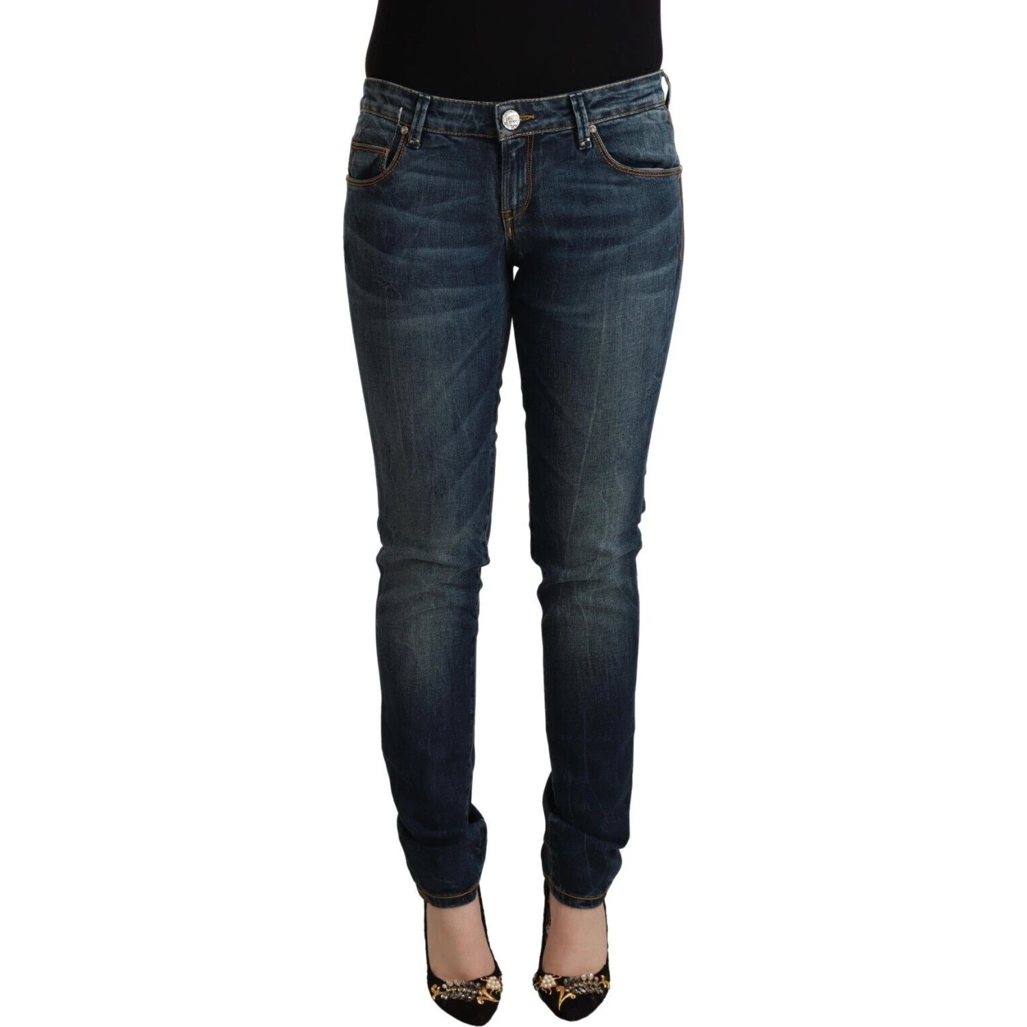 Blue Washed Cotton Low Waist Slim Fit Denim Jeans