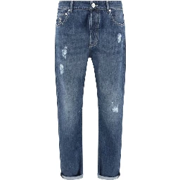 Blue Cotton Straight-Leg Jeans