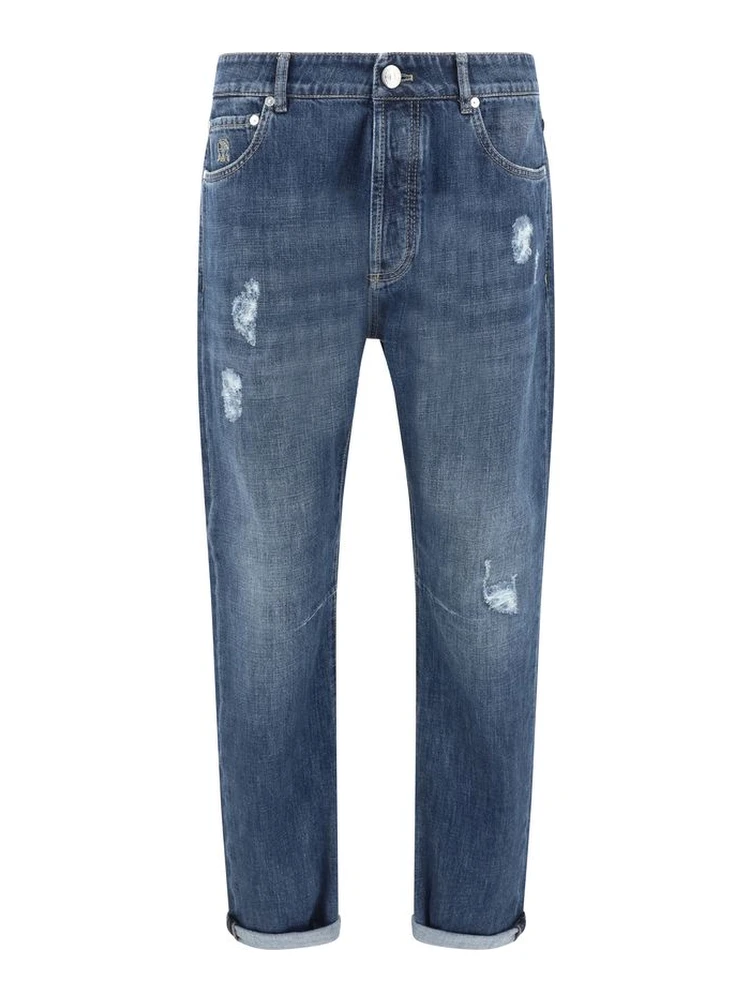 Blue Cotton Straight-Leg Jeans