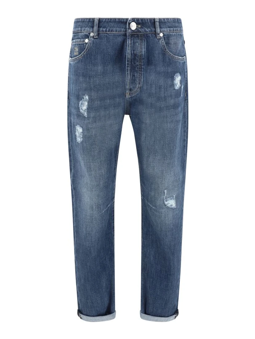 Blue Cotton Straight-Leg Jeans