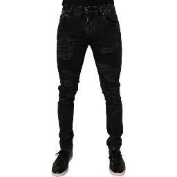 Black Tattered Cotton Skinny Men Denim Jeans