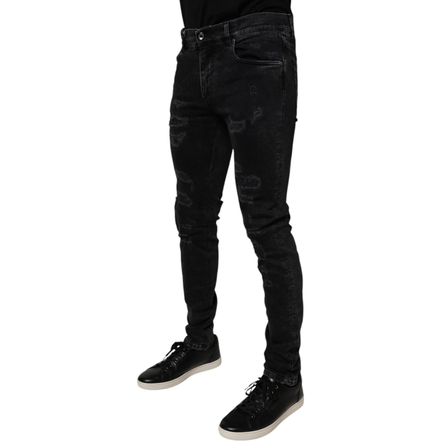 Black Tattered Cotton Skinny Men Denim Jeans