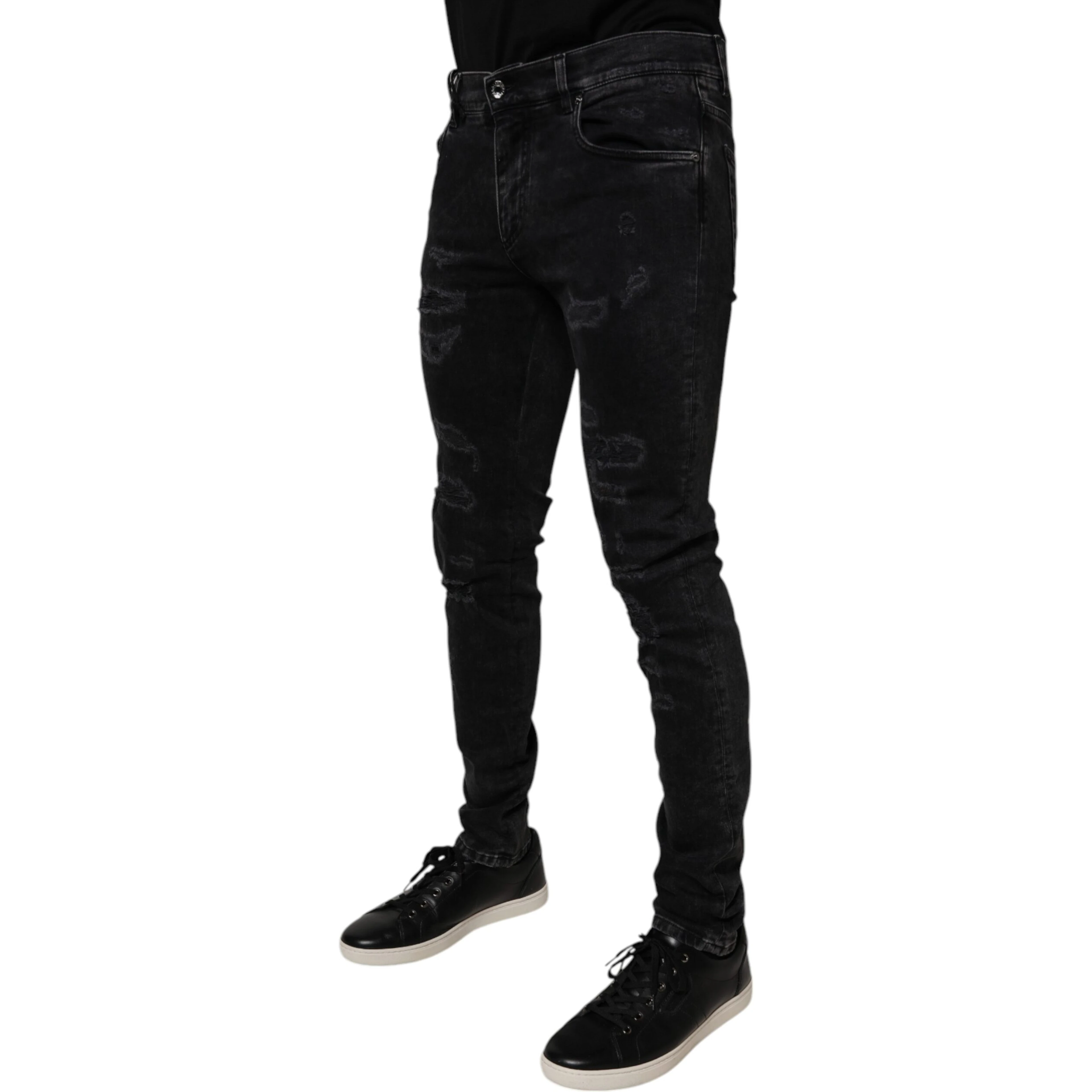 Black Tattered Cotton Skinny Men Denim Jeans