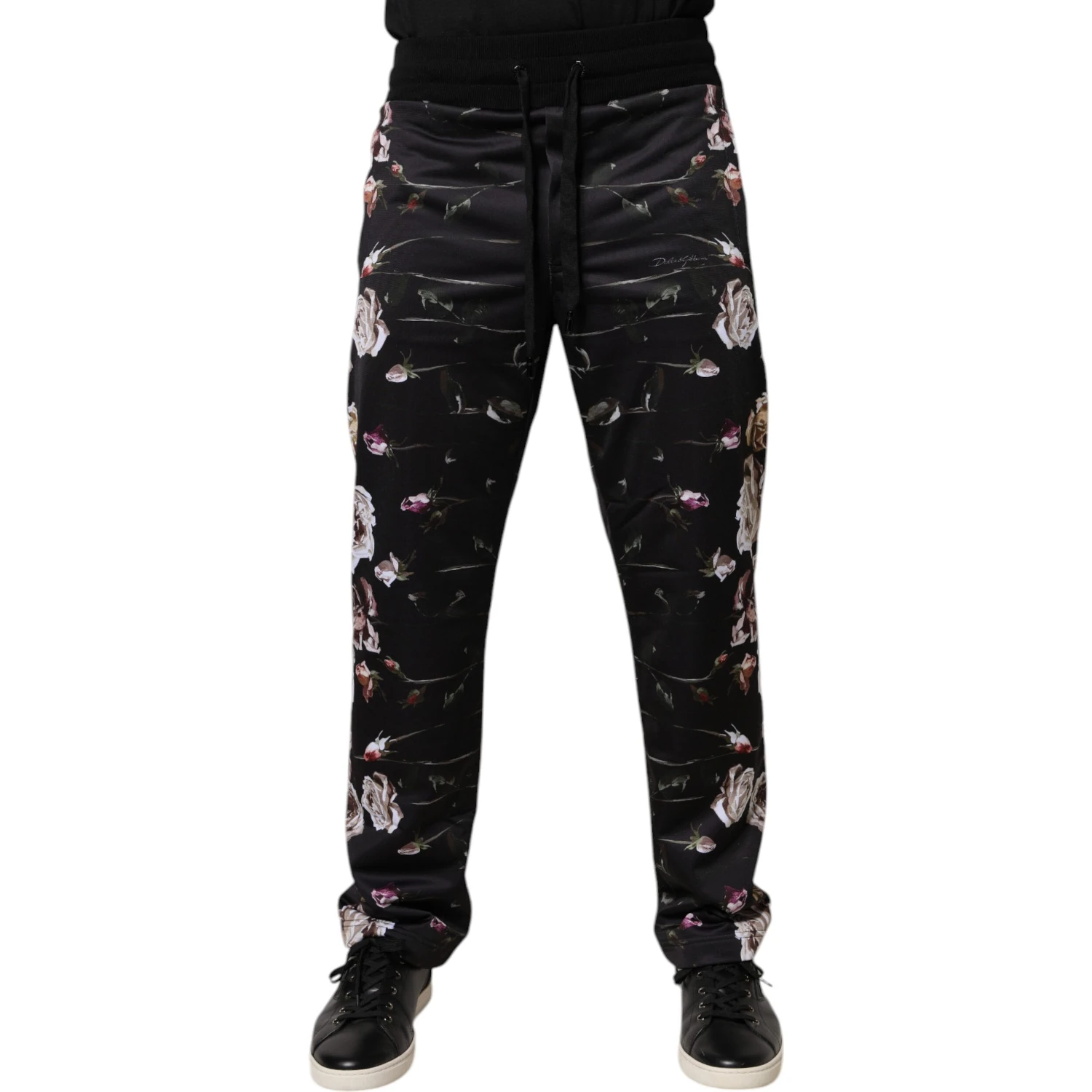Black Floral Polyester Jogger Pants