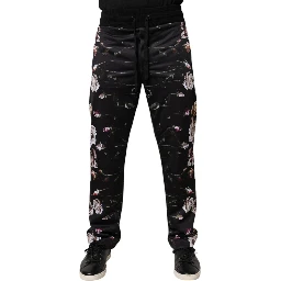 Black Floral Polyester Jogger Pants