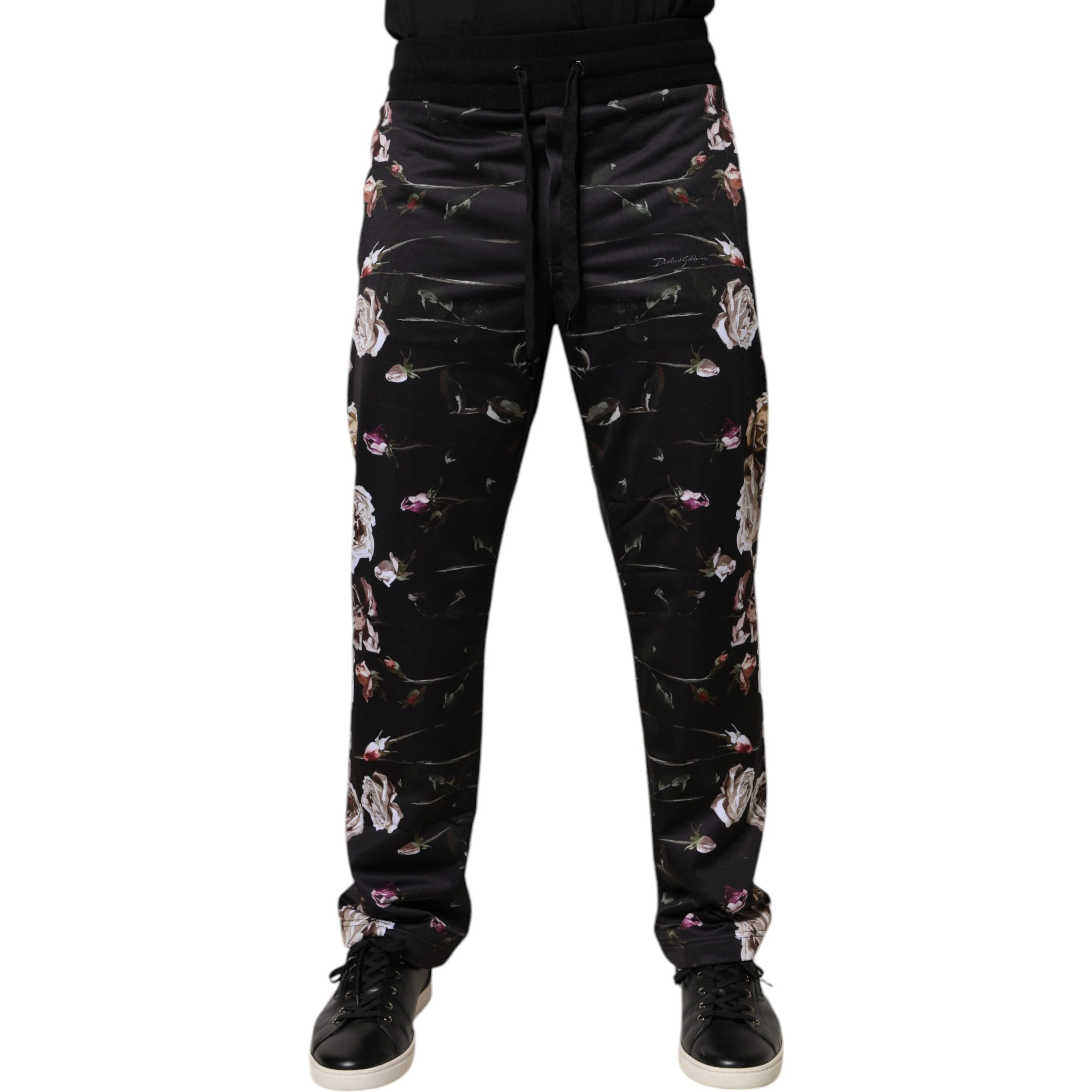 Black Floral Polyester Jogger Pants
