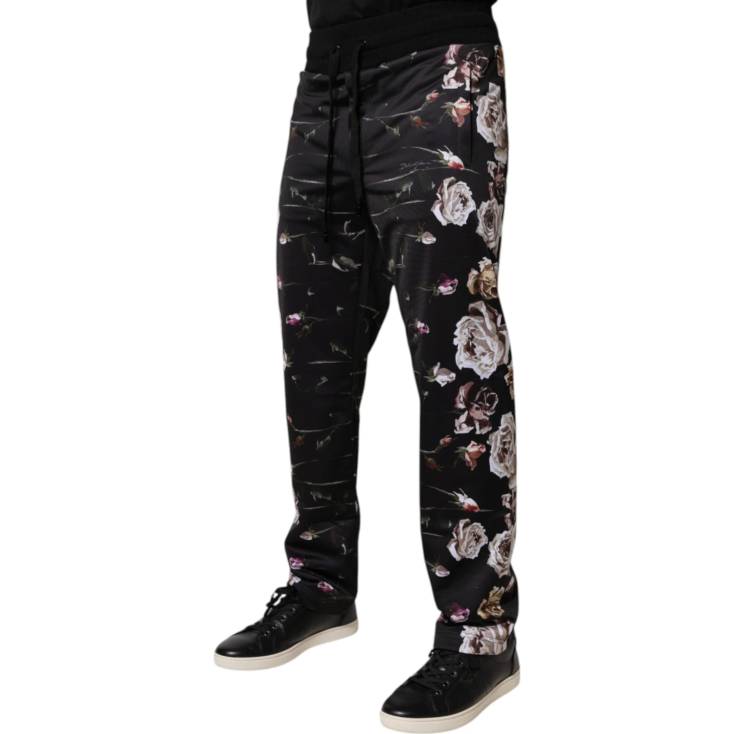 Black Floral Polyester Jogger Pants