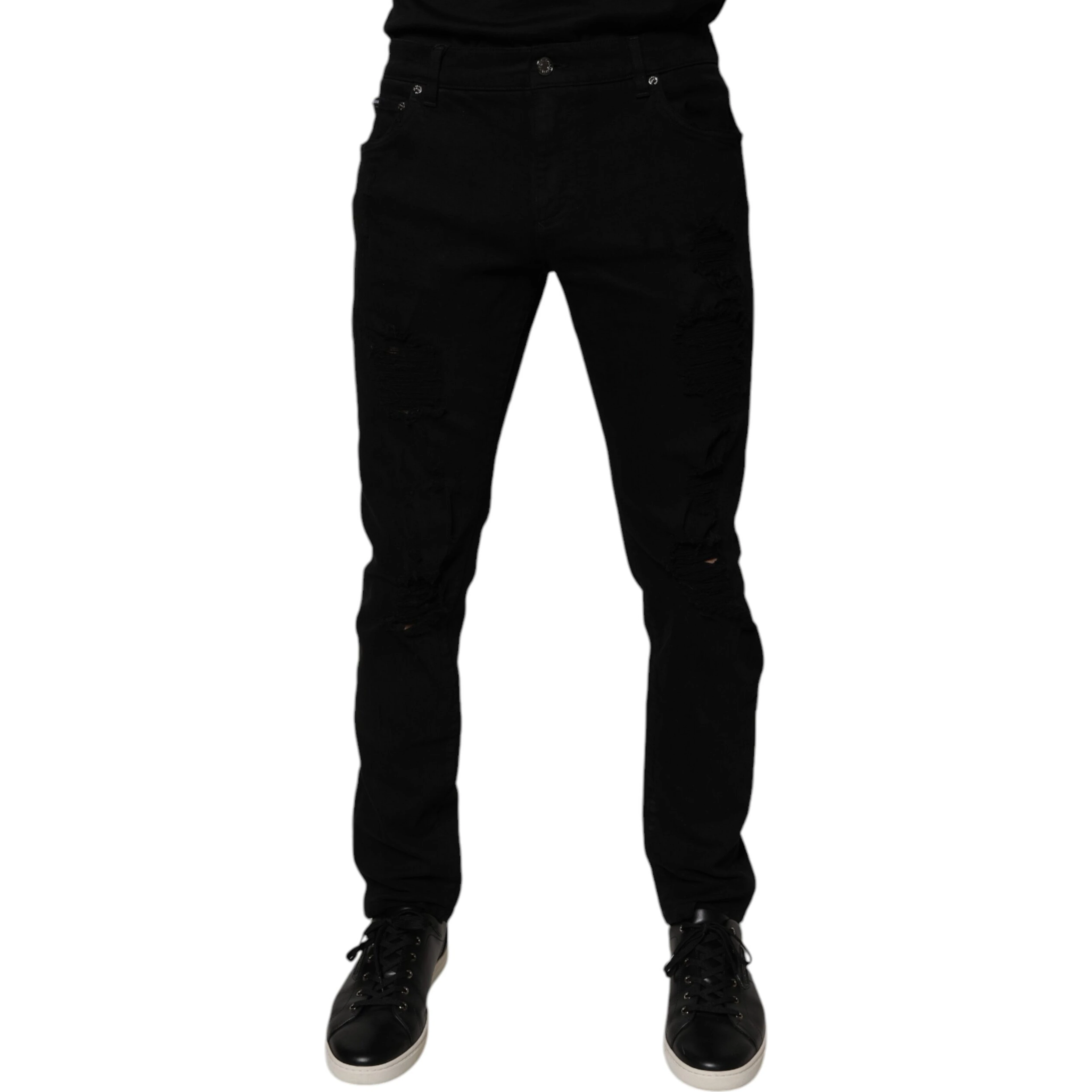 Black Tattered Cotton Skinny Men Denim Jeans
